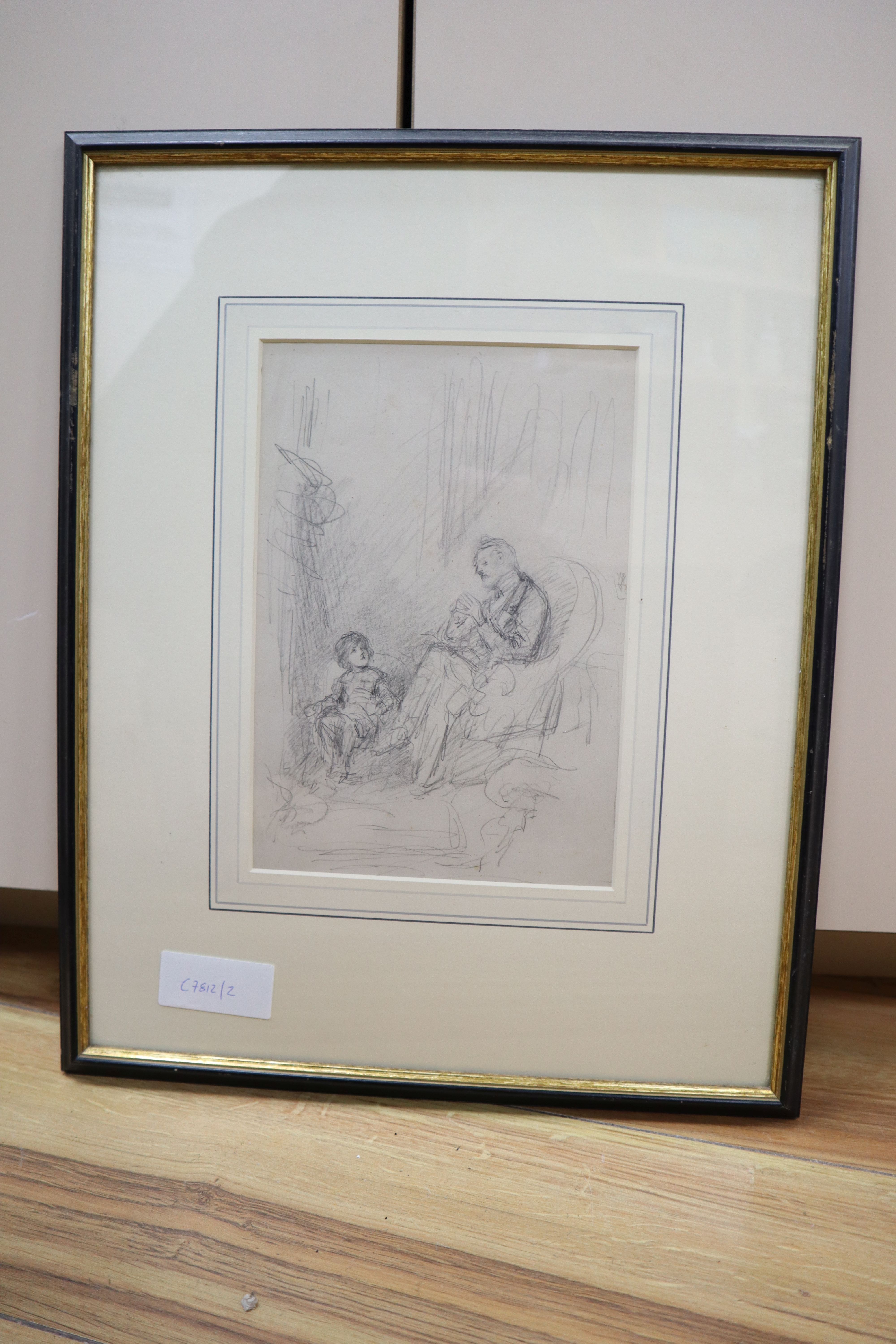 Joseph Clark (1834-1912), pencil drawing, Figures beside the hearth, 22 x 15cm